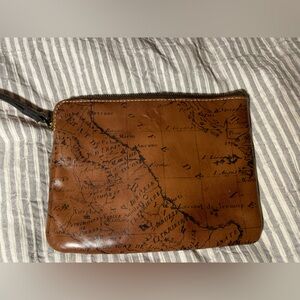 Patrisha Nash Map-Print Brown Leather Wristlet Pouch
